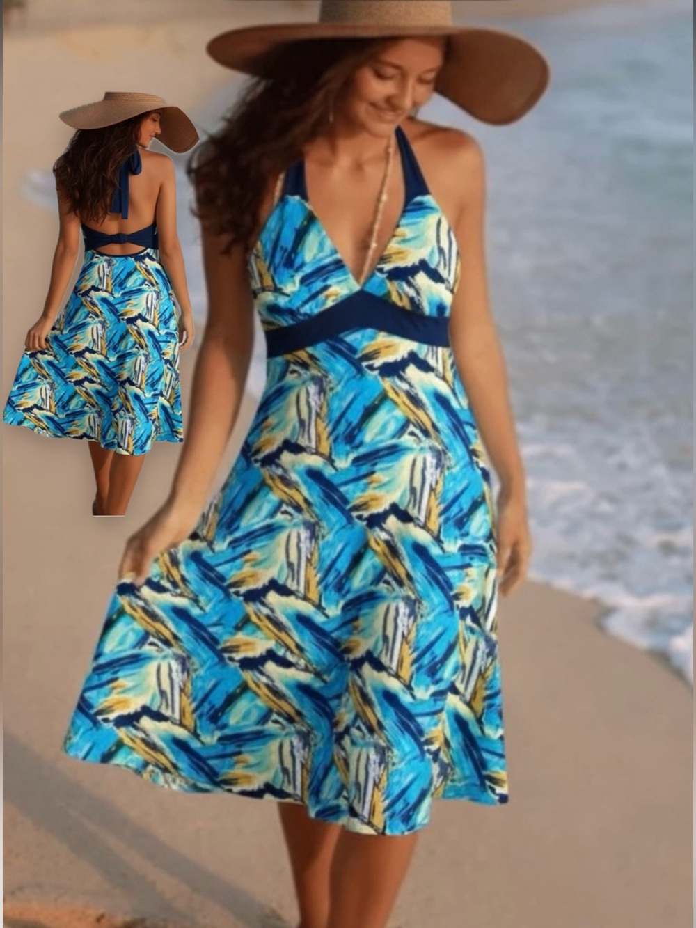 Ellus Blue Abstract V Neck Halter Summer Dress Open Tie Back Medium Large
